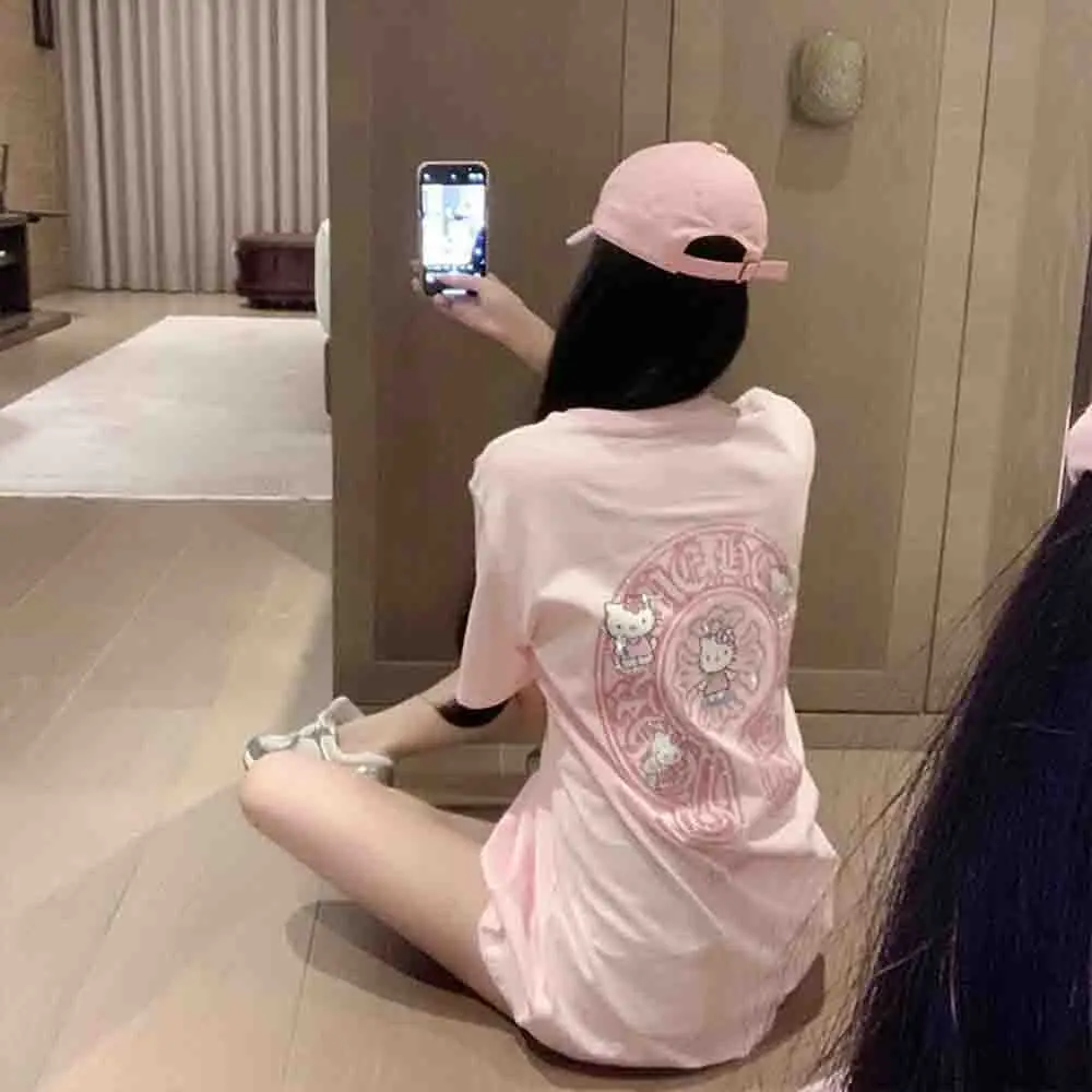 Korean Version Hello Kittys Diamond Printed Women's T-Shirt Y2K Sanrio Girls Short Sleeve Fashion Loose Casual Tops Large Size - view 4