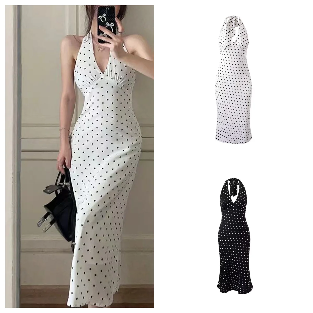 Pure desire polka dot V-neck dress women's summer slimming retro sexy design backless halterneck long dress