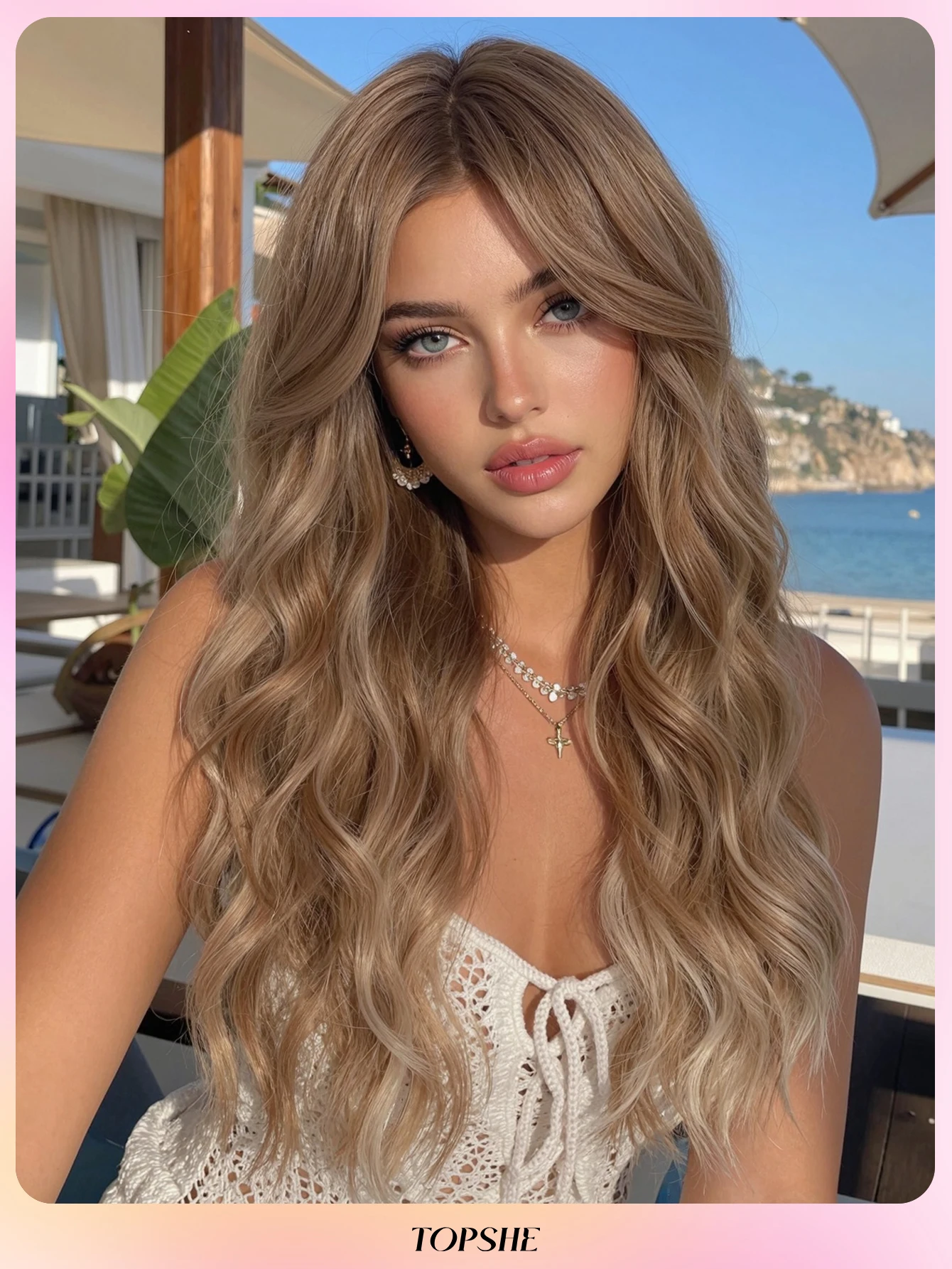 Halloween Wig TopShe 24 inch Curly Synthetic Wig Long Wavy Wig with Bangs for Woman Blonde Highlight Brown Hair for Girls Heat Resistant Loose Wave Wigs Natural Looking Cosplay Costume Party Daily Wear Soft Full Head Fiber Wigs Fashion Gradient Color