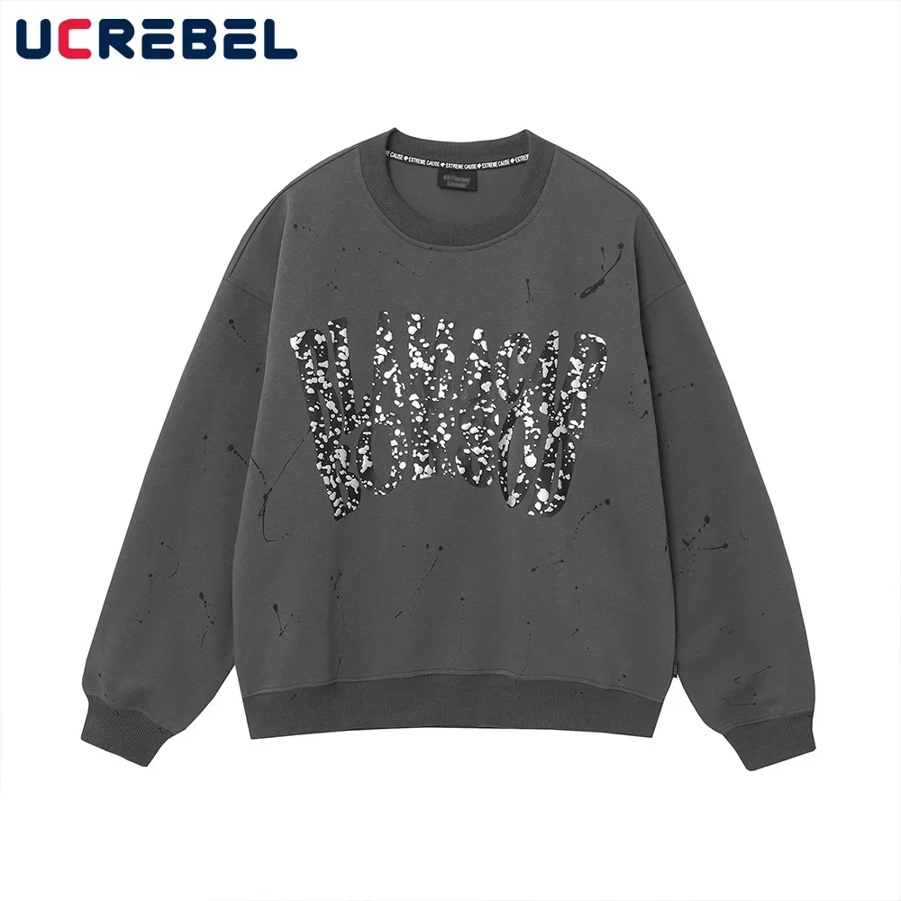 Splash ink Print Sweatshirts Mens High Street Autumn Loose Crew Neck Drop Shoulder Long Sleeve Sweatshirts Men