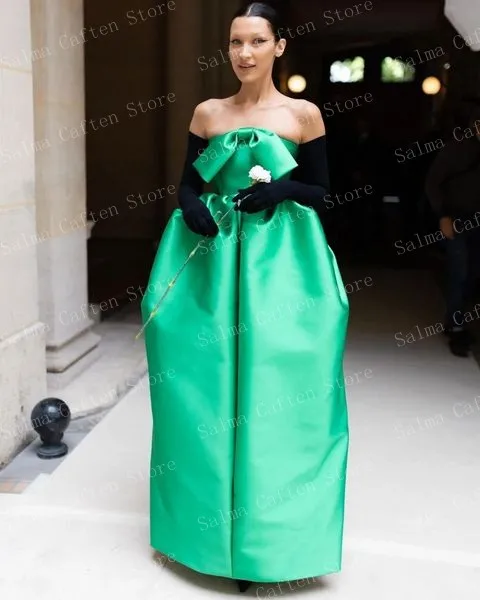 Green Satin Dress Puffy Strapless Women Clothes With Bow Floor Length Prom Dress Elegant Simple Evening Dresses Woman Party