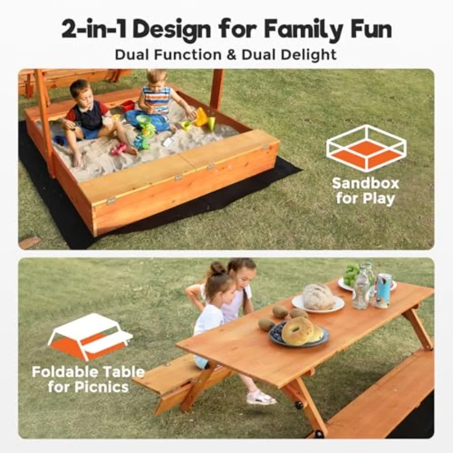 Backyard outdoor kids wooden sandbox with picnic table and storage boxes, natural wood color, foldable bench seats, lid, retrac