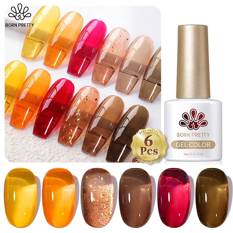 BORN PRETTY Amber Brown Jelly Gel Nail Polish Set Sheer Crystal Transparent Gel Polish Set Translucent Red Coral Gel Polish Kit