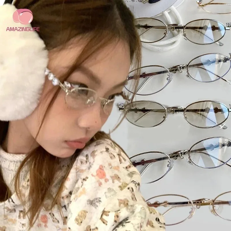 Vintage Kristall Anti-Blaulicht-Brille für Damen, Kleine Ovale Brillenfassung aus Legierung mit Glitzersteinchen, Sonnenbrille