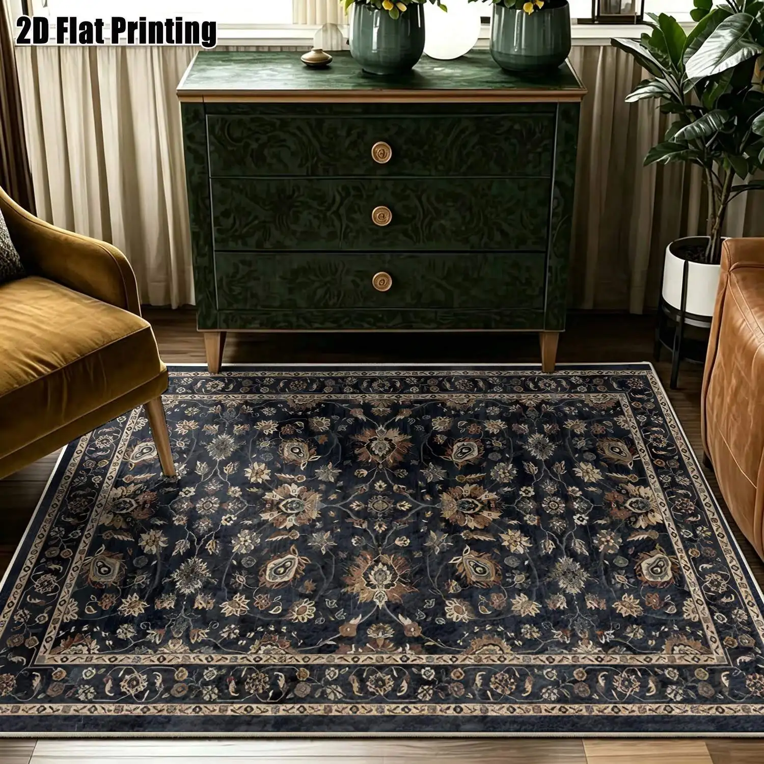 1Pc 2D Printed Dark Blue Retro Floral Carpet, Multi-Style, Multi-Size, Machine Washable, Ideal for Home Decor Rooms