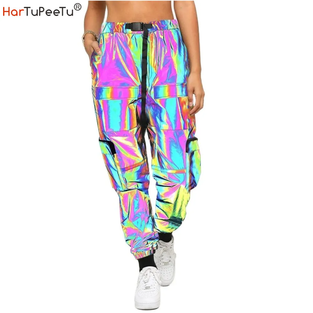 Reflective Cargo Pants Women 2023 Colorful Jogger Tactical Pants with Belt More Pockets Long Loose Girls Night Safety Trousers