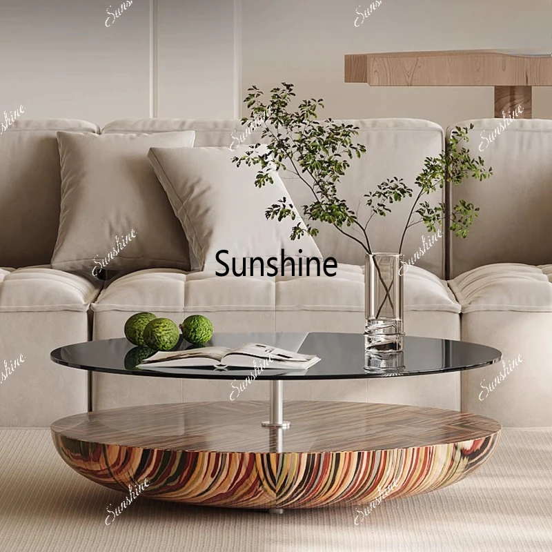 

High-end living room small apartment floating coffee table round household tempered glass coffee table