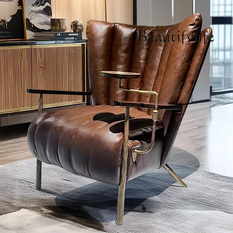 Italian retro leather leisure chair, living room single sofa designer style, advanced and comfortable