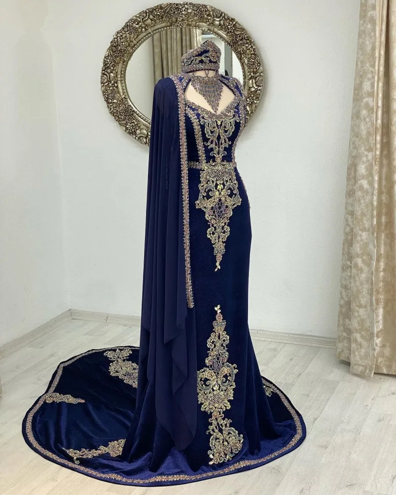 Navy Blue Arabic Caftan Evening Dresses Velvet Beading Lace Applique Mermaid Prom occasion birthday Dress with veil cape