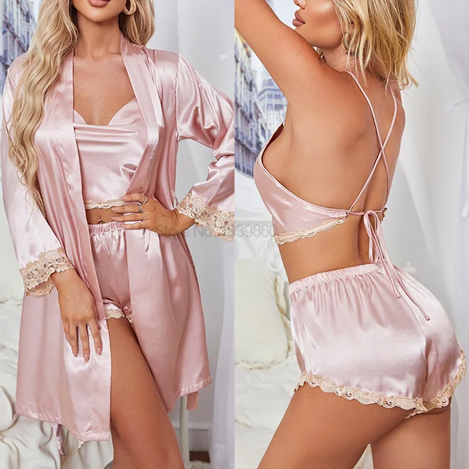 

Three Pieces Sleep Set Women Sexy Pajamas Lace Patchwork Kimono Robe Gown With Strap Sling&Shorts Suit Summer Home Clothes