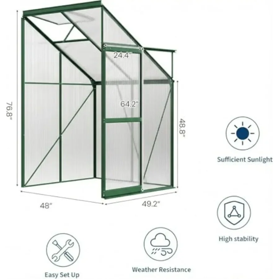 4x4 ft Walk-in Greenhouse Kit for Patio Backyard Garden: Polycarbonate Panels, Green Color, Adjustable Roof Vent Sliding Door,