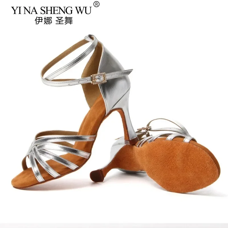 Latin Dansschoenen Volwassen Vrouwen Professionele Latin Dance Hoge Hakken 8.5 cm Suède Zolen Zilver Ballroom Tango Dansen Oefenschoenen