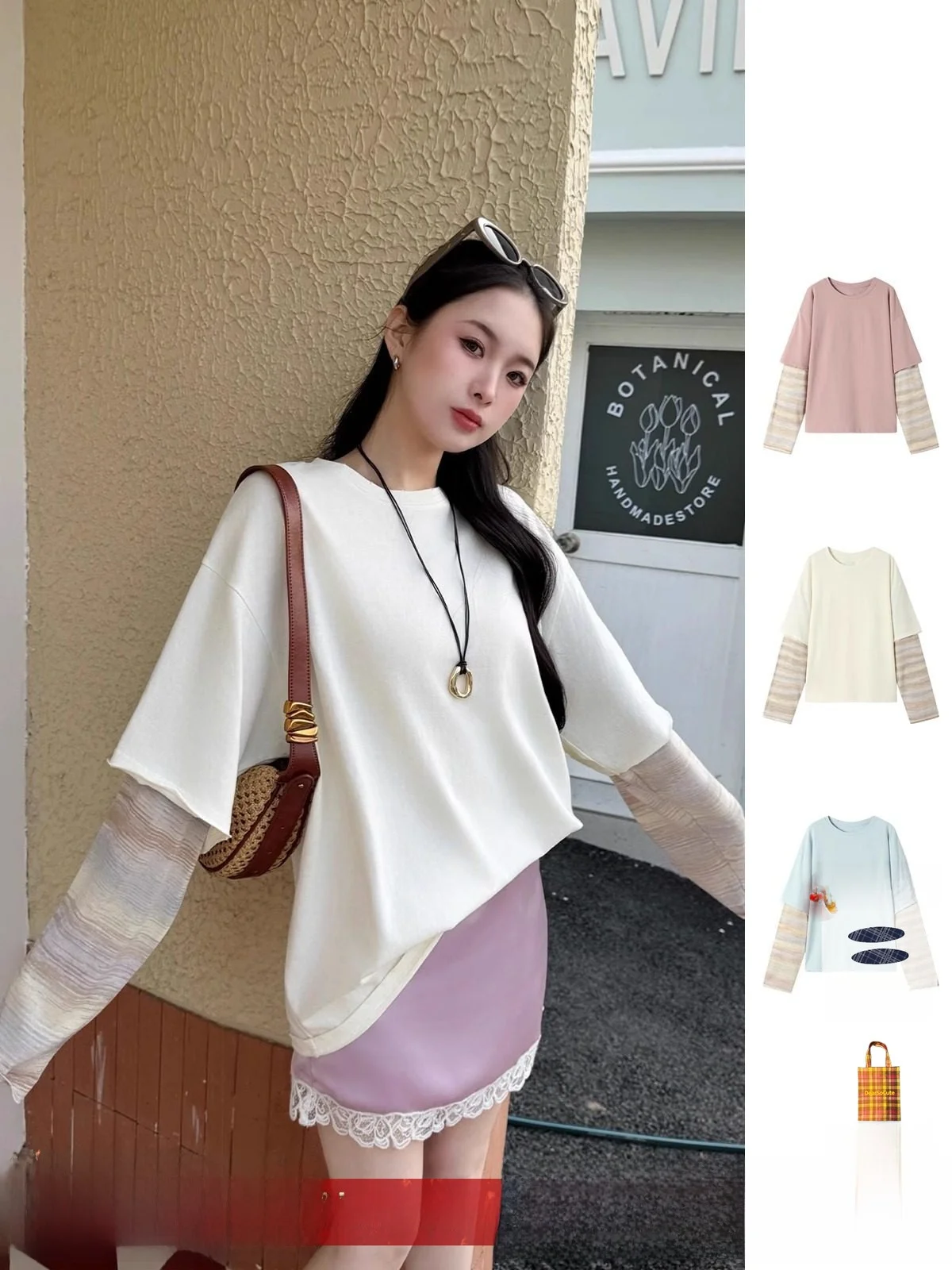 

Rerek Casual Striped Patchwork Hole T-irt Loose Fit Long Sve Cotton Polyester Spring Women's Faion Trend