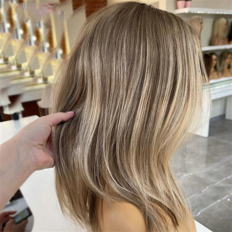 Short Wig Swiss HD Invisible Transparent Lace Ombre Balayage Caramel Blonde Lace Front Wig Human Hair Blend Synthetic Hair Wig