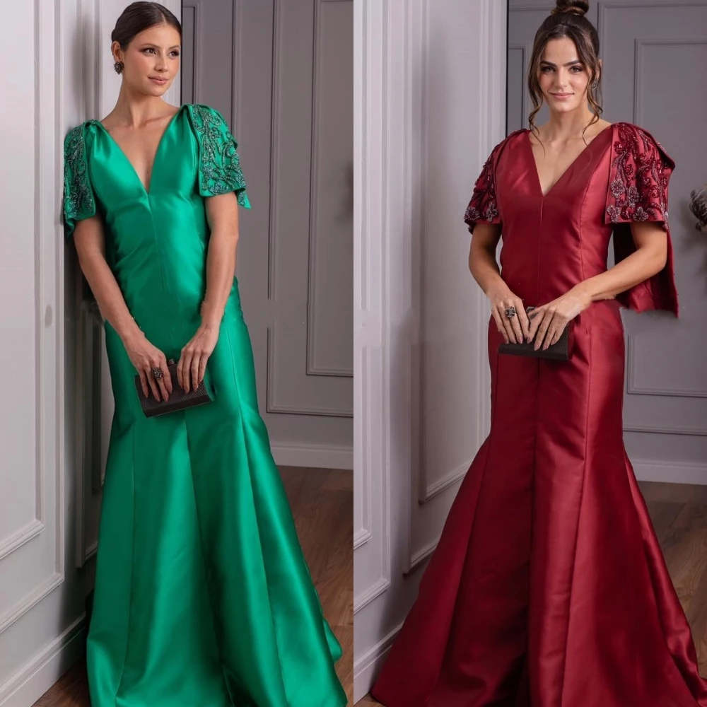 Robe de Soirée Longue en Satin, Drapée, Perles, Sirène, Col en V, sur Mesure, pour Occasions