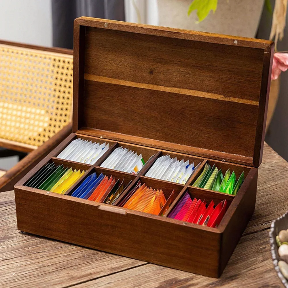 

Acacia Wooden Tea Bag Organizer, 4 or 8 Compartment Tea Packet Storage Boxes, Wood Caddy Chest, Teabag Holder Containers