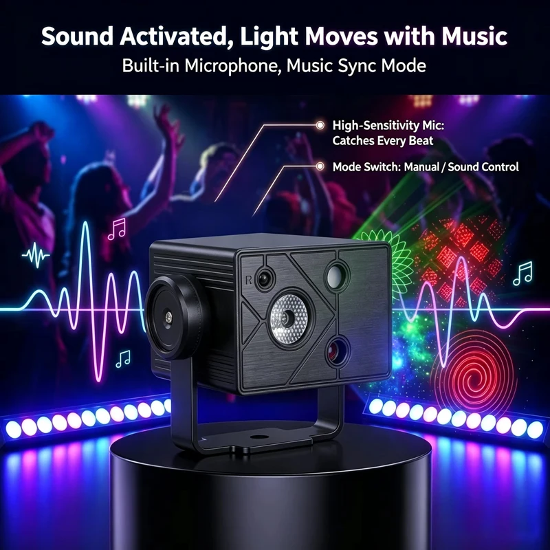 Sound Activated RGB Laser Projector Light USB Type‑C Powered Multi‑Pattern Stage Lamp for Disco Home Party Atmosphere Light