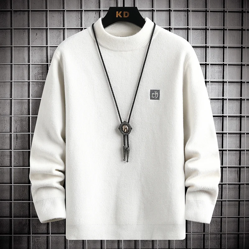 

Мужской вязаный свитер с высоким воротником, зимний, теплый, из вельвета, с вышивкой в виде букв, приталенный, повседневный, длинный, топ