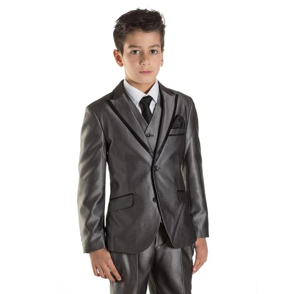 Boy Suits 3 Piece Satin Peak Lapel Single Breasted Suit Slim Kids Fashion Formal Party Wedding Tuxedos (Jacket+Vest+Pants)