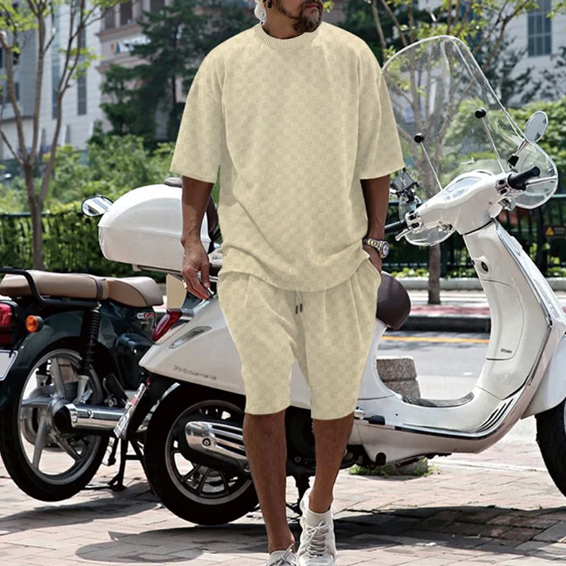 2024 Cross-border Men\'s Summer Plaid Short Sleeve Loose Large Size Straight Casual Shorts Set