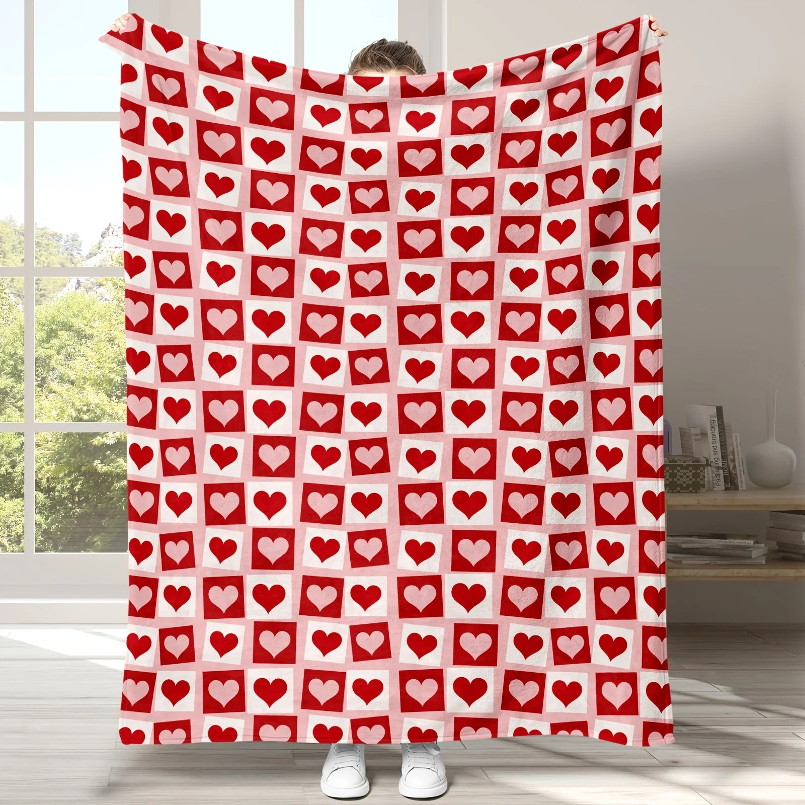 

Flannel Blanket Heart Pattern Red Pink Grid Decorative Throw for Sofa Couch Bedroom Valentine's Day Romantic Ambiance Creating