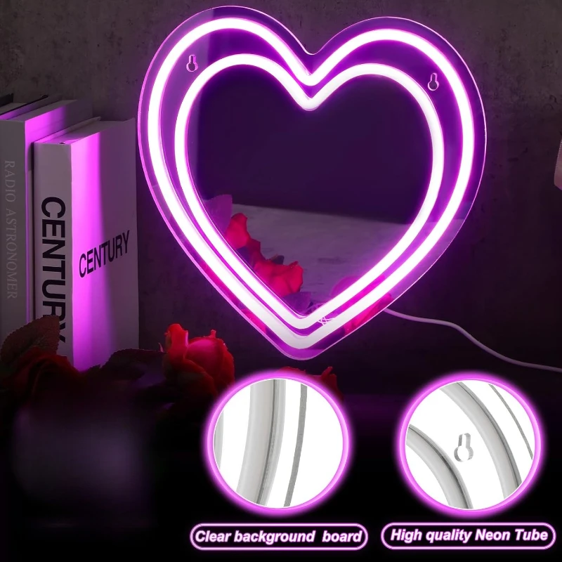 Heart Mirror Neon Sign LED Wall Mirror Signs Acrylic Mirrors Wall Art Decor Girl's Make-up for Dorm Beauty Salon Room Decoration
