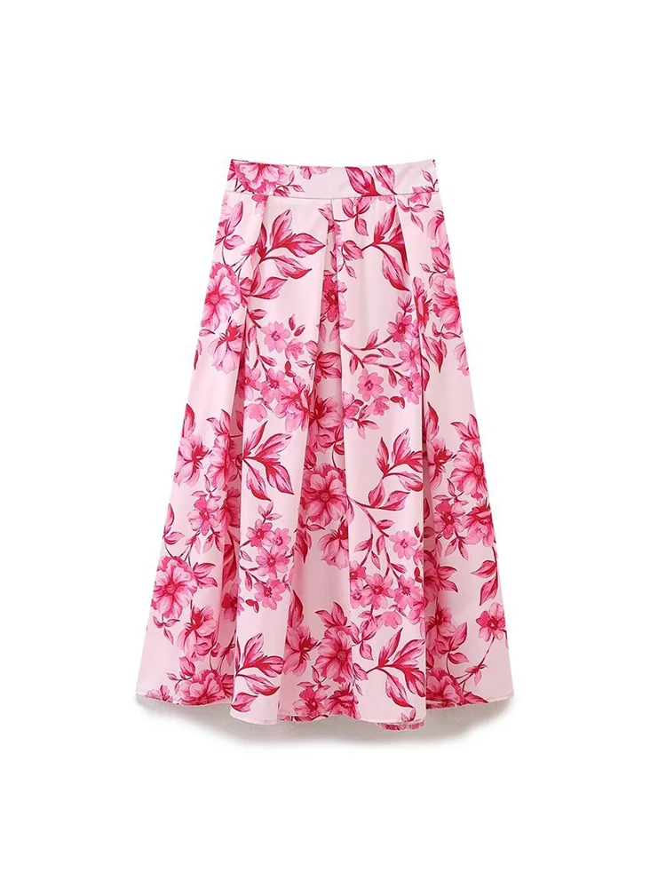 

Women Fashion Sweet Floral Printed Pleated Skirt Vintage High Waist Zip Slim Long Skirt Bohemian Flower Half-body Skirt