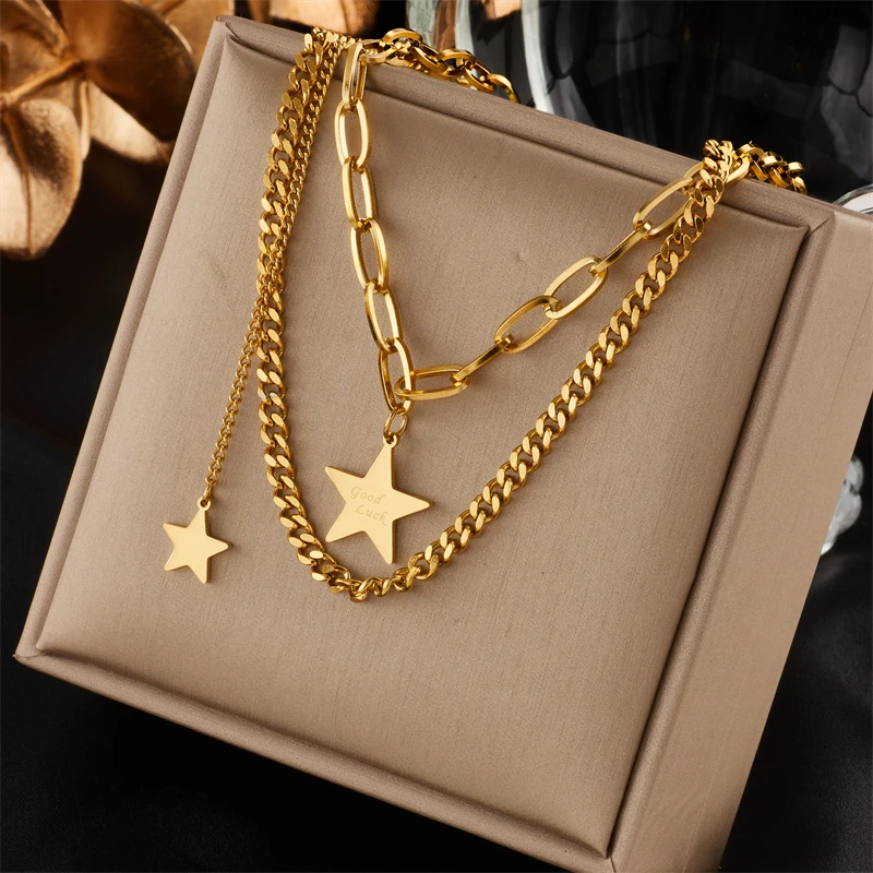 XIYANIKE 316L Stainless Steel Women\'s Necklace Double Layer Gold Color Geometric Pendant Necklaces Women Fashion Girls Jewelry