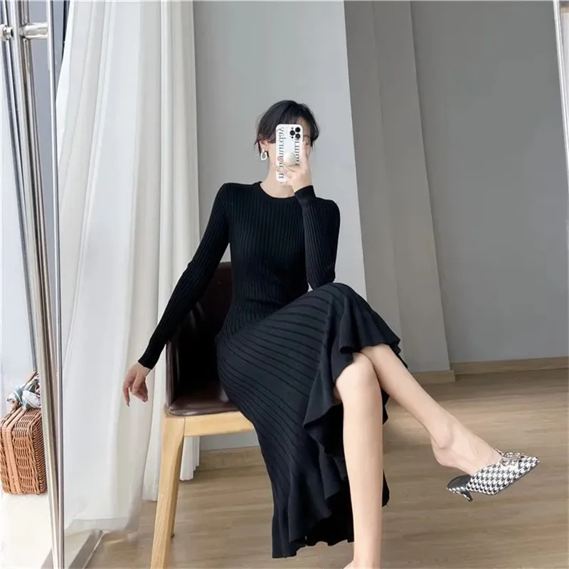 2025 New Korean Version Loose And Slim Mid To Long Woolen Dress Long Sleeved Knitted Dress For Women In Autumn And Winter
