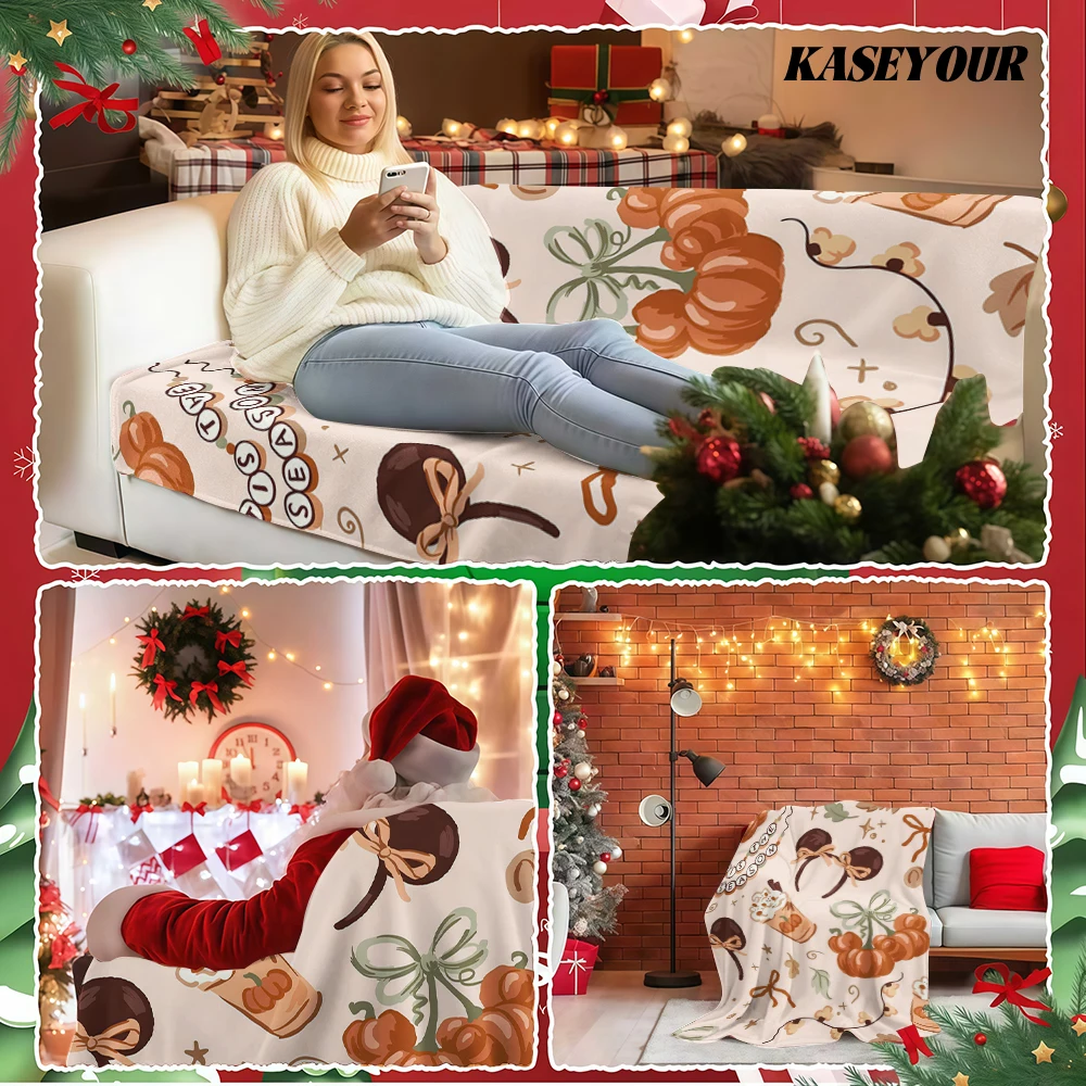 Coquette Fall Pumpkin Spice Latte Bow Flannel Blanket Soft Fuzzy Plush Cozy Warm Throw for Sofa Bed Couch Home Decor