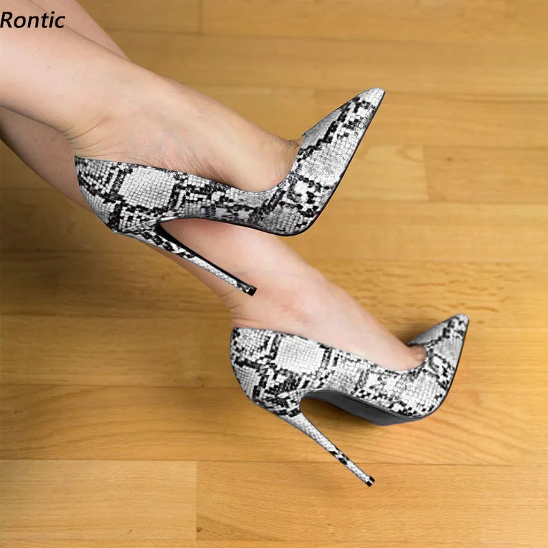 

Rontic Handmade Women Pumps Snake Pattern Slip On Stiletto Heels Pointed Toe Pretty Black Dress Shoes US Size 5-15