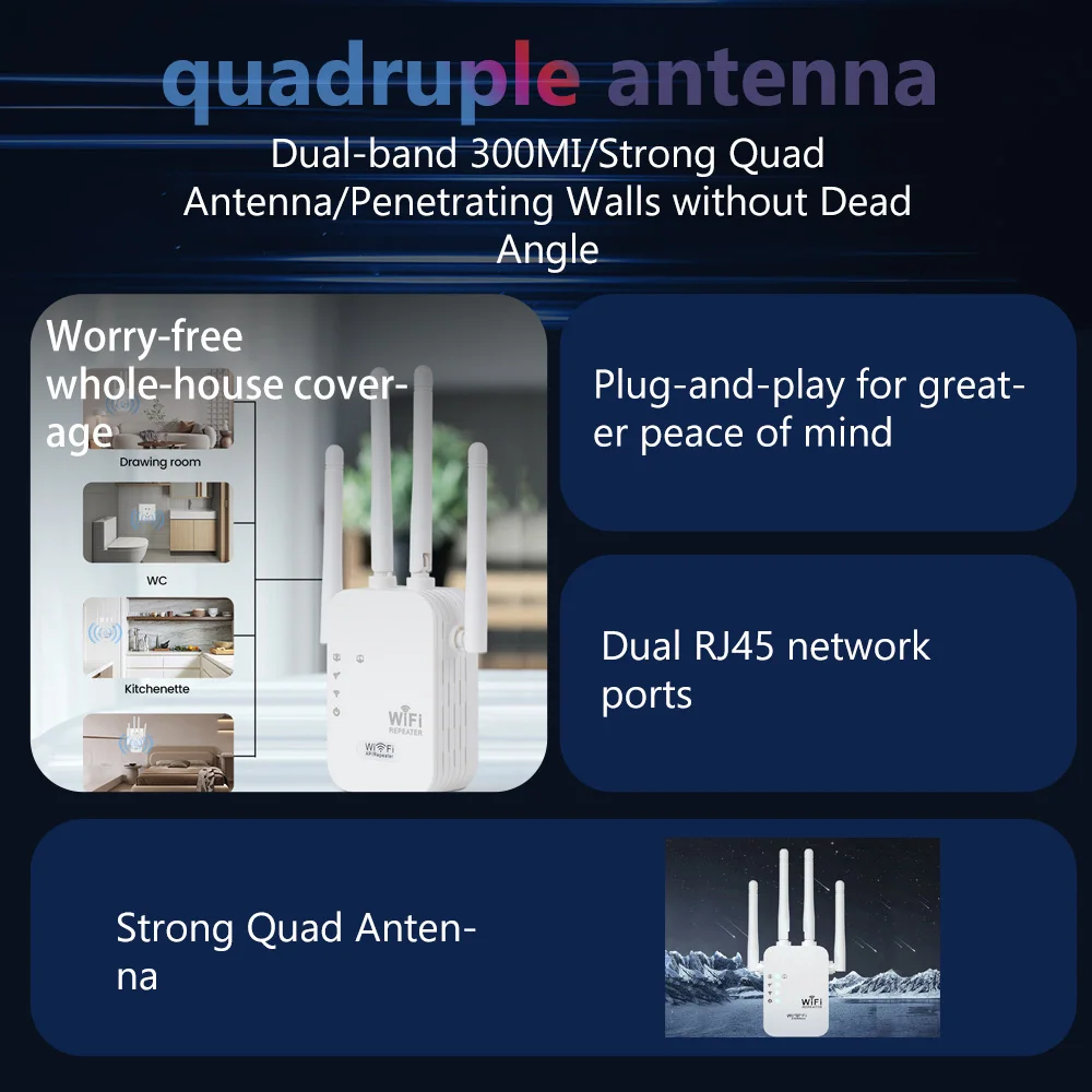 300M Wi Fi Router Repetidor WiFi Enchufes de la UE Estándares 4 Antenas 2.4G/5G Amplificador de señal de red inalámbrica de doble frecuencia