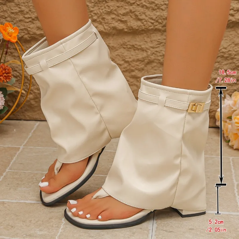 Women Sandals Roman Style Round Toe Lock Head Sandals Metal Buckle Large Size Cuff Shoes Women Straight Leg Pants Tube Booties