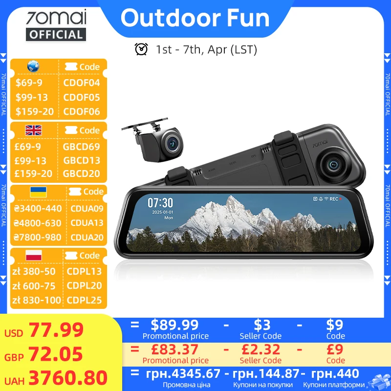70mai Rearview Dash Cam S410 9,35 Zoll Touchscreen Dual-kanal Rekord HDR 1440 P 138 FOV 70mai Auto DVR S410 Supercapatior
