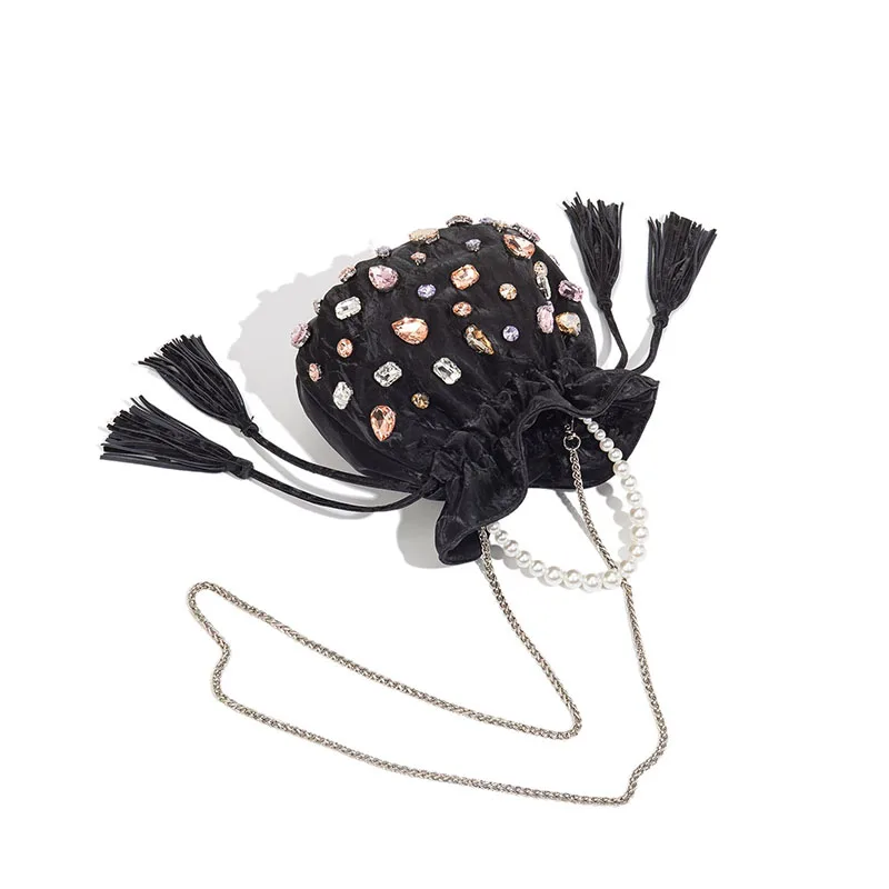New Fashion Bucket Bag Luxury Pearl Handbag with Rhinestone Drawstring Fortune Bag Versatile Top Handle Purse for Women