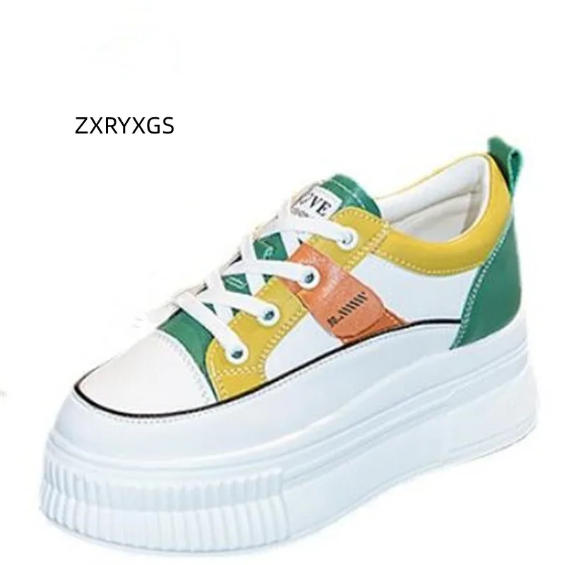 

ZXRYXGS 2023 Spell Color Genuine Leather Shoes Leisure Sneakers Comfortable Thick Sole Inside Height Shoes Woman New Trend Shoes