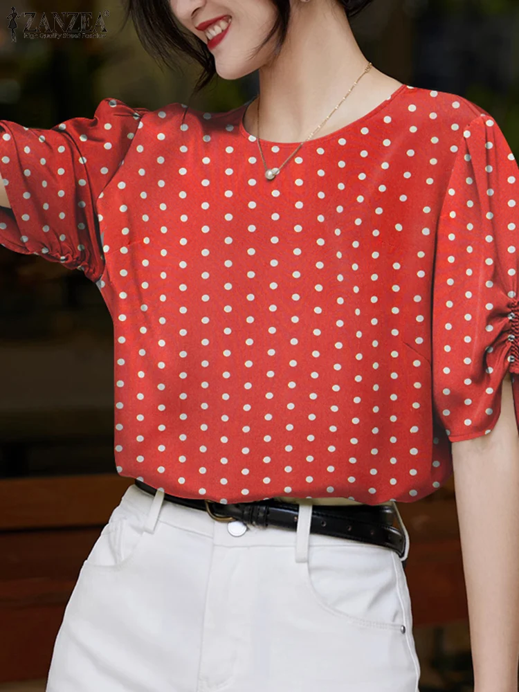 

ZANZEA Polka Dot Korean Fashion Tops Holiday Woman Casual Elegant Blusas Mujer O-Neck Shirred Puff Sleeve 2025 Summer Blouses
