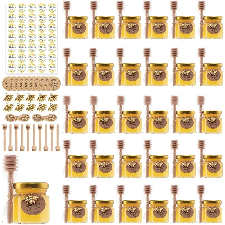

30 Pack 1.5 oz Mini Honey Jars with Dipper Honey Jar Party Favors Glass Hexagon Honey Jar for Wedding Favors