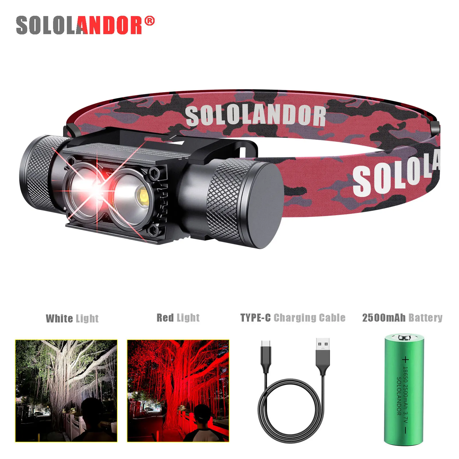 Faro frontal LED camuflaje con batería 18650 y USB Type-C - imagen 2
