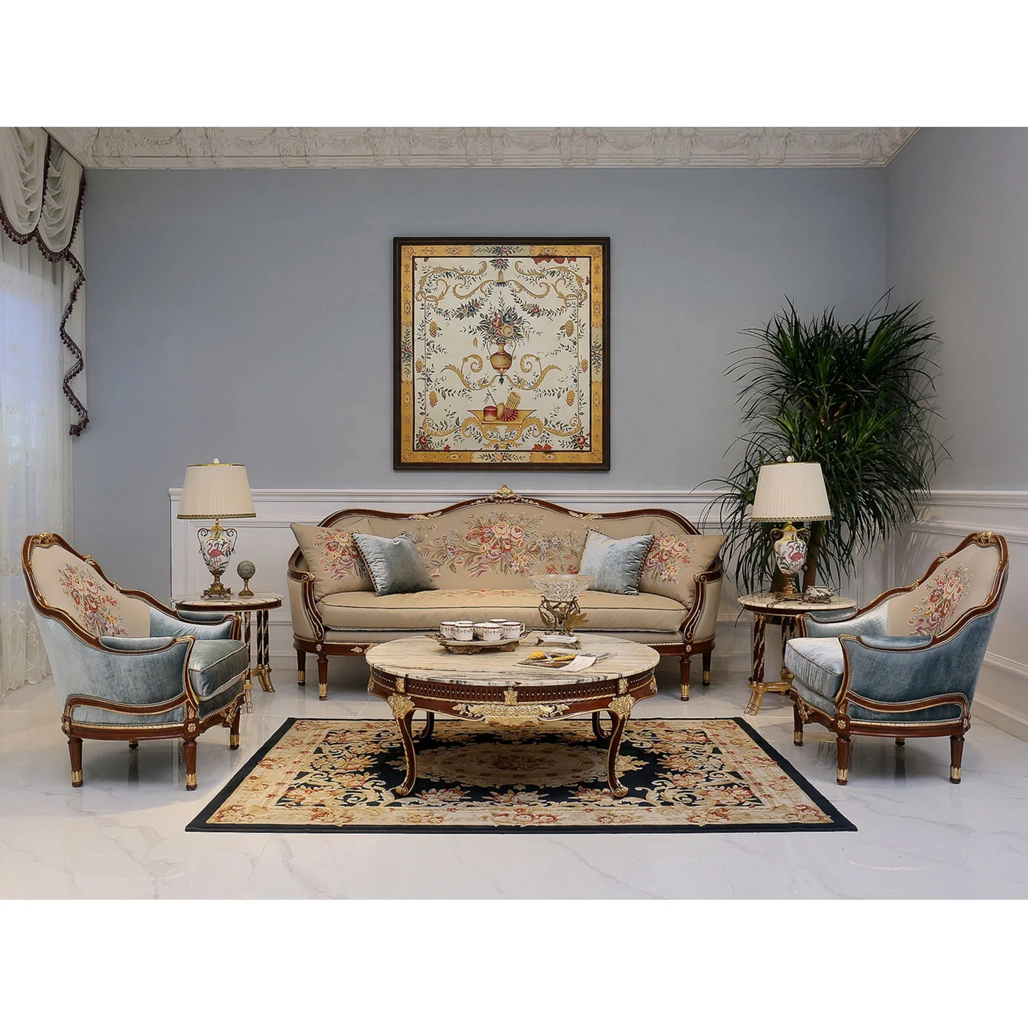 

Роскошный высококачественный французский классический дизайн в стиле рококо, деревянная итальянская ткань, мебель для гостиной, диван, набор