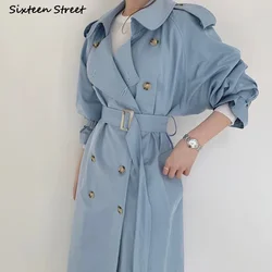 Blue Long Trench Coat Women with Belt Fall Winter Double-breasted Jackets Ladies Turn-down Collar Chic Outerwear Street