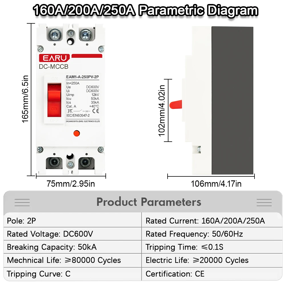 2P DC Solar Molded Case Circuit Breaker MCCB Overload Protection Switch Protector for Solar Photovoltaic PV Battery Isolator