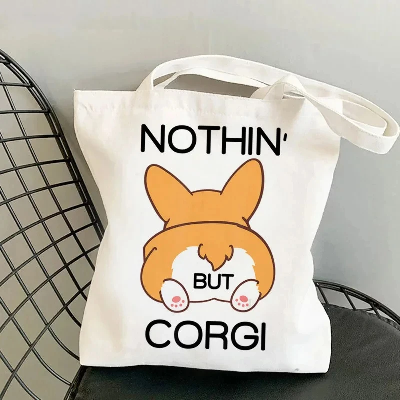 Cute Corgi Dog Printing Shoulder Bag Casual Eco-friendly Shopping Bag Ladies Large Capacity Shopping Bag Canvas Tote Bag