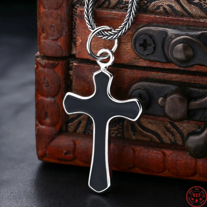 Genuine S925 Sterling Silver Pendants for Women Men New Fashion Eternal Rattan Pattern Enamel Cross Amulet Vintage Jewelry