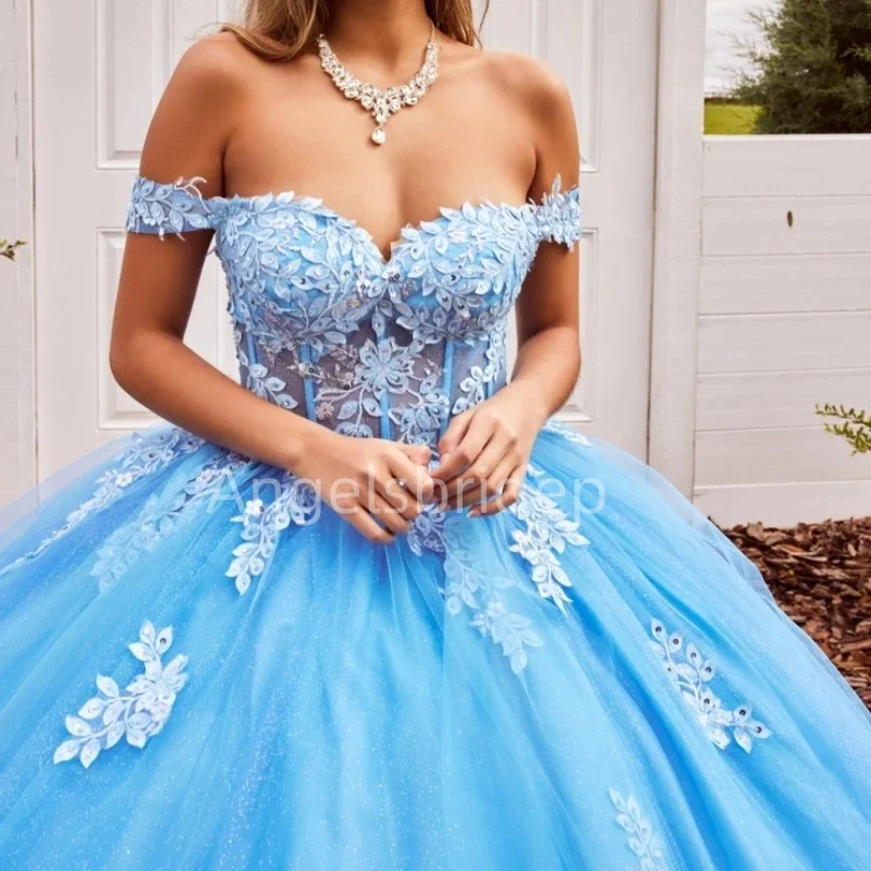 Angelsbridep-vestido de baile feminino de tule, azul céu, vestidos Quinceanera com brilho, vestido de festa, vestidos elegantes, 2020