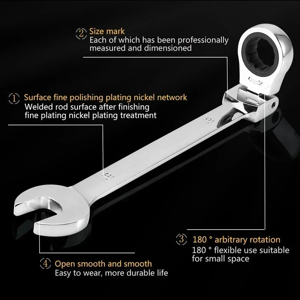 Ratchet Spanner Wrench Set 8-22mm Gear Ring Ratcheting Combination Wrench Kit Metric Flexible Head with Canvas Bag