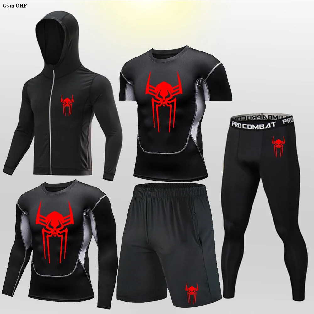 Compression Shirt Black Panther Spider Fitness Winter Gym Workout MMA Rashguard BJJ Men Jiu Jitsu Running Jogging 5-piece Set