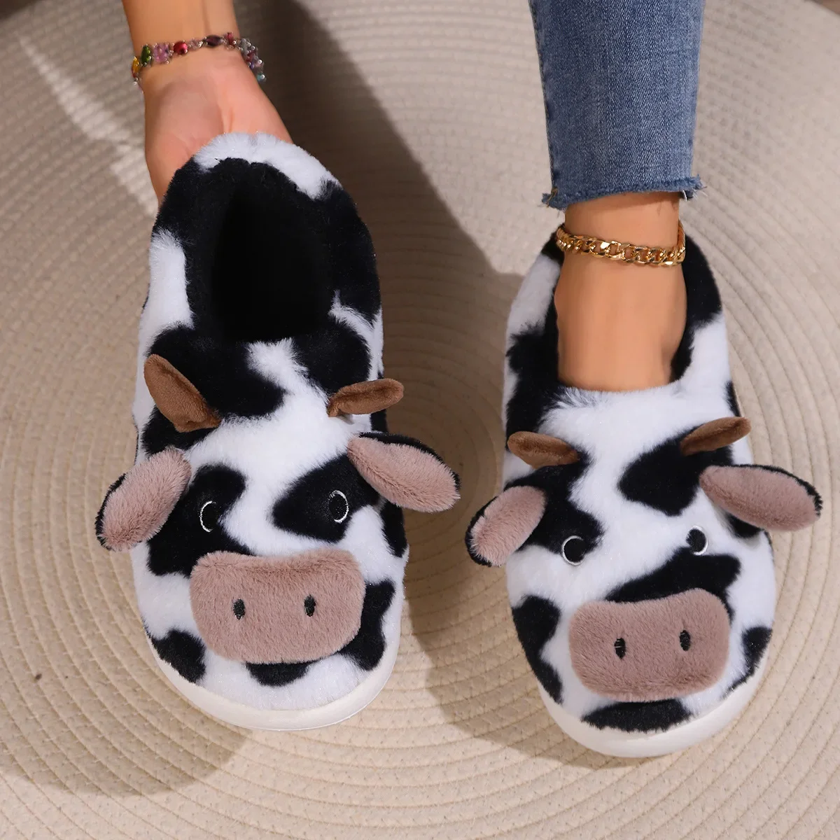 Sapatos felpudos desenhadores de vaca para mulheres e meninas, chinelos fofos, achatados, quentes, casuais, plus size, inverno, 2022