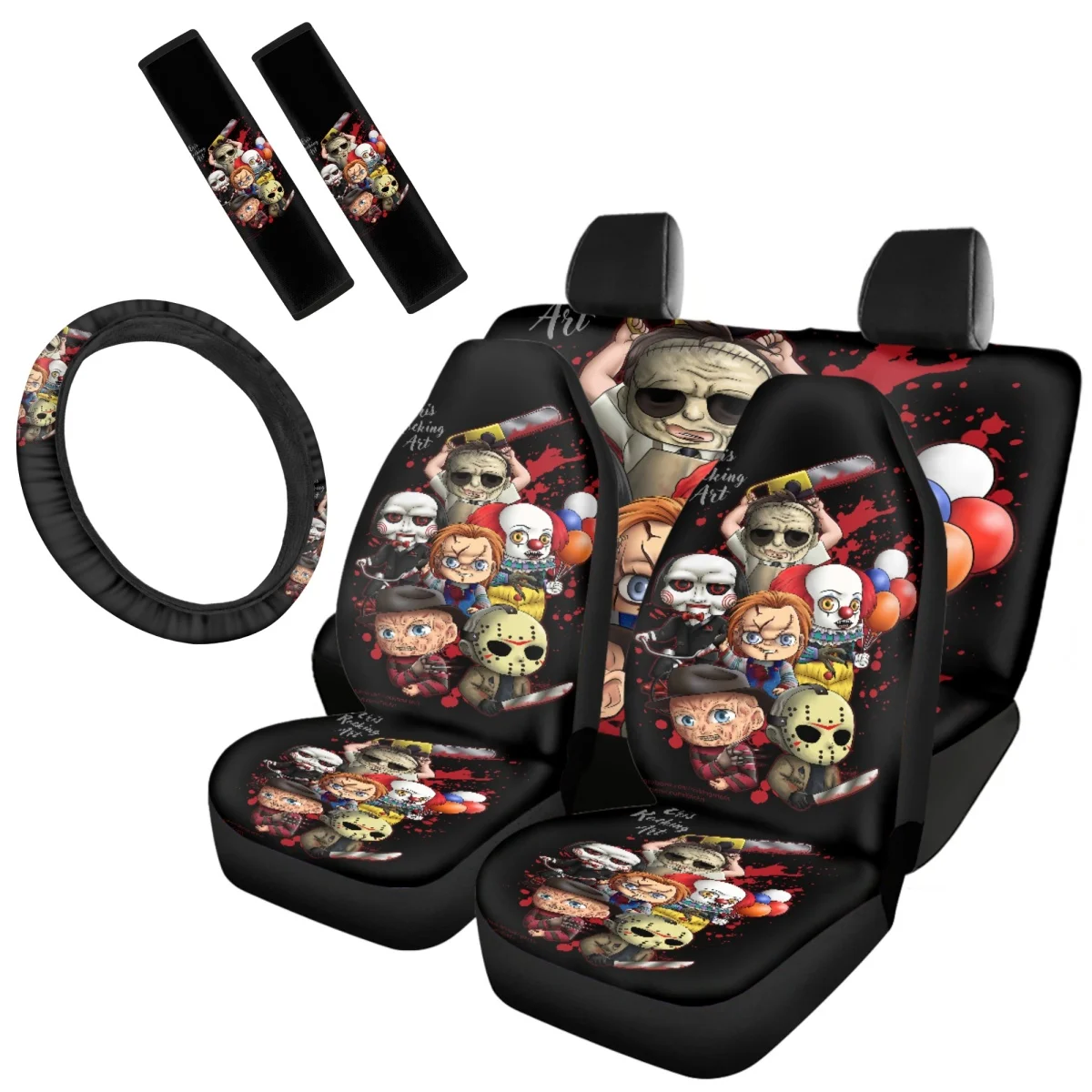 

Horror Movie Terror Character Car Seat Covers Durable Steering Wheel Covers for Sedan Washable Seatbelt Shoulder Pad Full Set