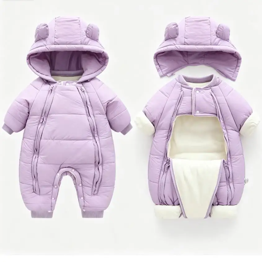 New Cute Bear Eared Hooded Baby Winter Anti Cold Skiing Clothes, Thickened Cotton and Velvet Inner Newborn Jumpsuit 0-2Y